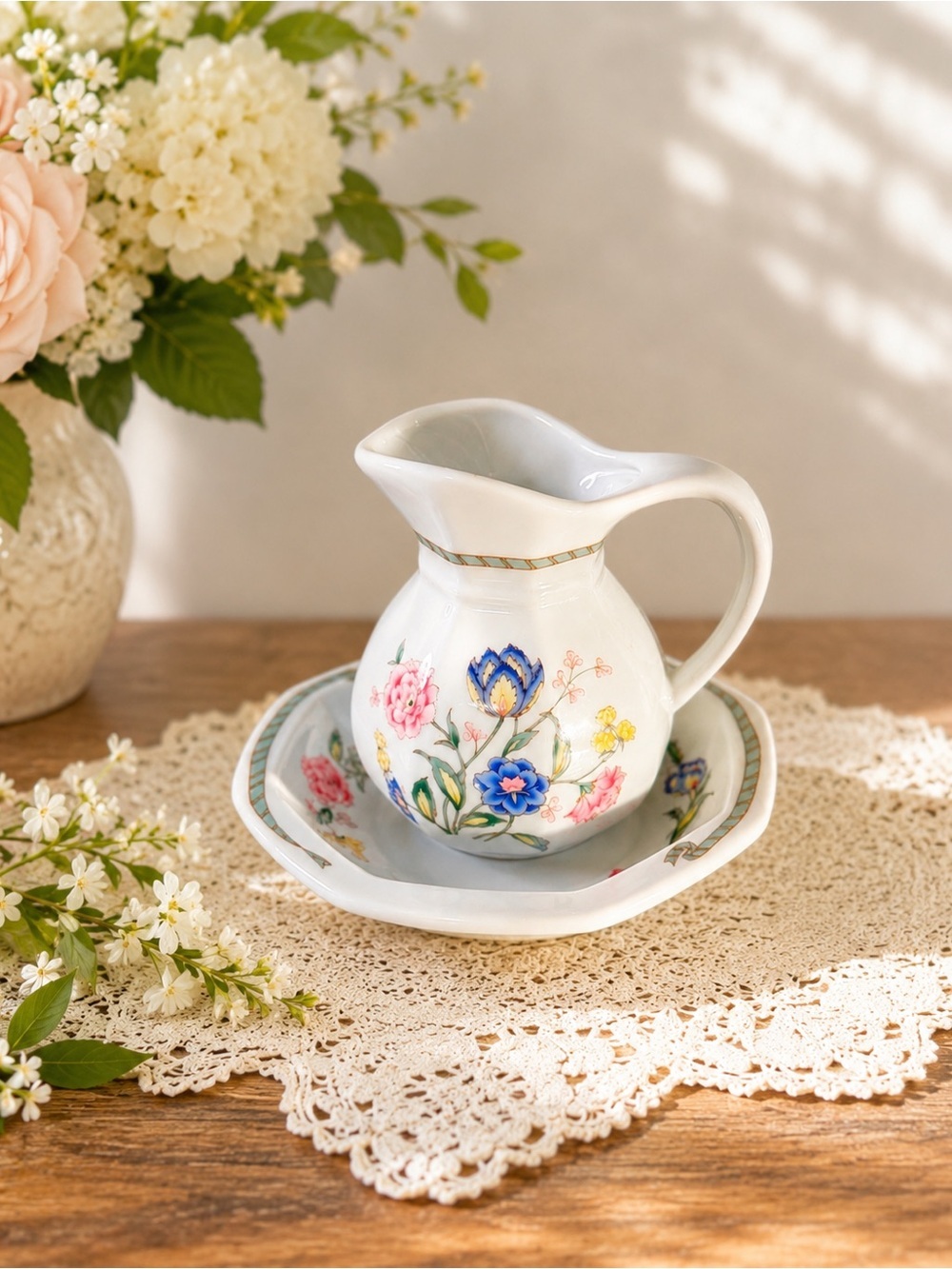 Floral Mini Creamer Pitcher & Matching Trinket Dish Set